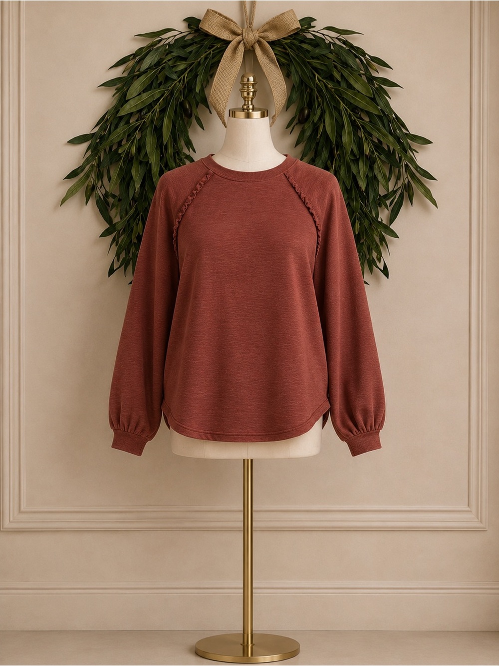Pilcro Anthropologie Rust Brown Ruffle Long Sleeve Knit Peasant Top Large